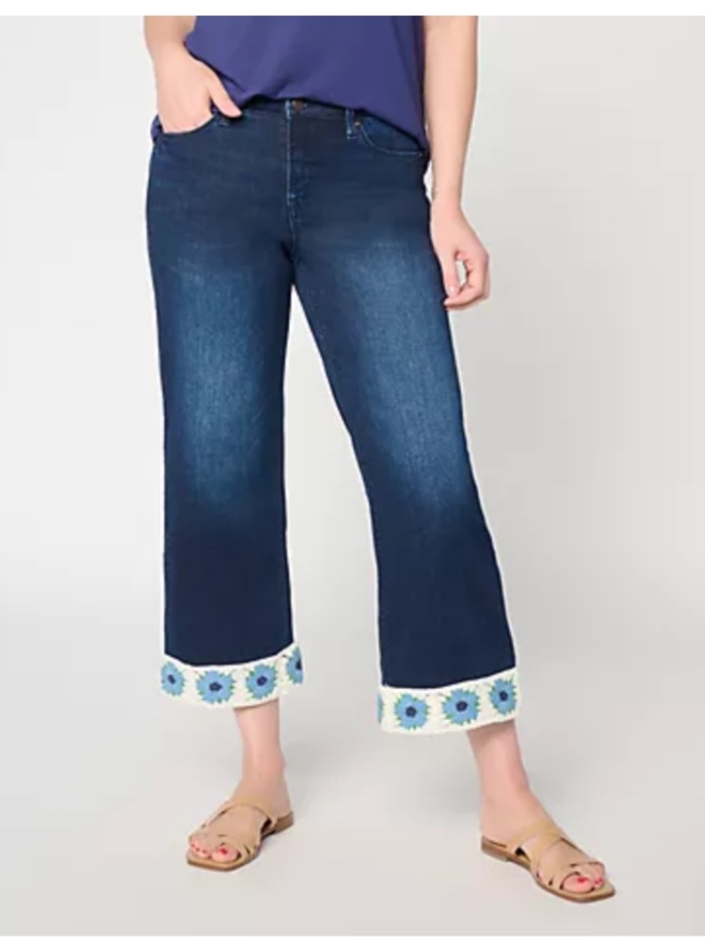 Laurie Felt Denim Daisy Crochet Hem Wide Leg Crop Jeans in Dark Wash NWT